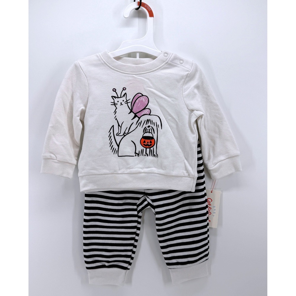 Cat & Jack Baby Halloween 6-9M Sweatshirt and Striped Pants Set Cat Dog Pumpkin